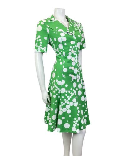 VINTAGE 60s 70s APPLE GREEN WHITE SPOTTED DOTTY MOD WING COLLAR SHIRT DRESS 12