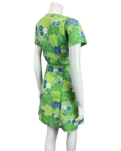 VINTAGE 60s 70s APPLE LIME GREEN BLUE PSYCHEDELIC SWIRL DAISY MOD DRESS 12