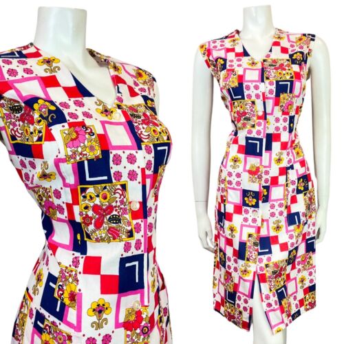 VINTAGE 60s 70s WHITE RED BLUE FLORAL GEOMETRIC PATCHWORK SLEEVELESS DRESS 12 14