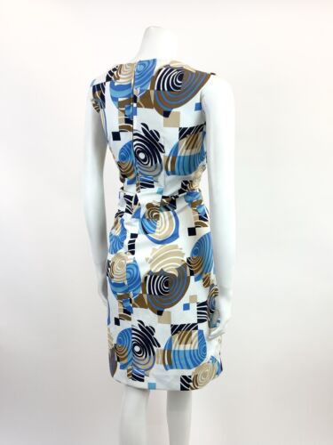 VTG 60s 70s WHITE BLUE BROWN GEOMETRIC PSYCHEDELIC SWIRL MOD SLEEVELESS DRESS 16