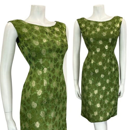 VTG 60S GREEN GOLD BROCADE BOAT NECK SLEEVELESS PARTY WIGGLE MIDI DRESS 8 10