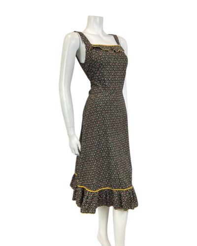 VINTAGE 70s BLACK WHITE PINK DITSY FLOWER PRAIRIE BOHO SUMMER SUN-DRESS 10