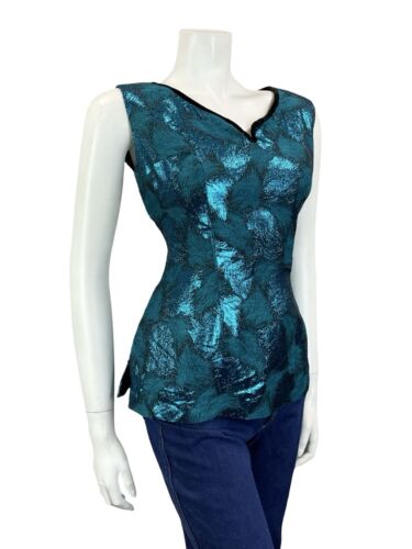 VTG 60S SHIMMERY BLUE ABSTRACT BLACK VELVET TRIM SWEETHEART NECK PARTY TOP 10