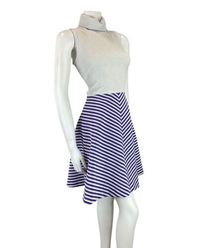 VTG 60s 70s SILVER PURPLE STRIPED LUREX TURTLENECK FIT & FLARE MOD DRESS 8 10