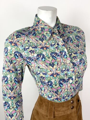 VTG 70s STYLE 90s NOUVEAU PSYCHEDELIC FLORAL DAGGER SHIRT BLOUSE 8 10