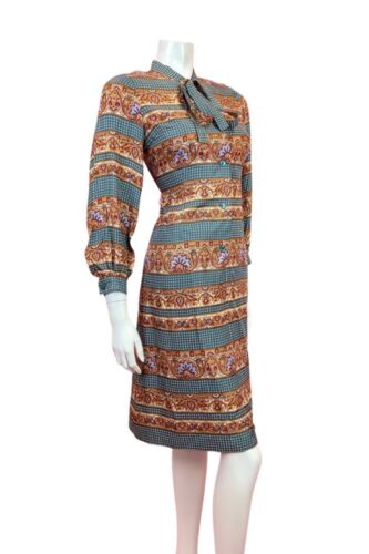 VINTAGE 60s 70s BLUE ORANGE PURPLE PSYCHEDELIC ACANTHUS PUSSYBOW SHIRT DRESS 12