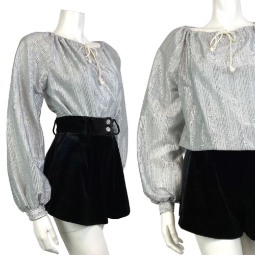 VINTAGE 60s 70s METALLIC SILVER STRIPED DISCO PARTY PEASANT BLOUSE 12 14