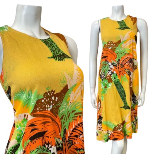 VINTAGE 70s YELLOW ORANGE GREEN PALM LEAF TROPICAL SLEEVELESS FLARED DRESS 8 10