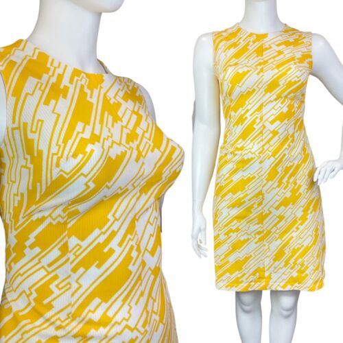 VINTAGE 60s 70s YELLOW WHITE GEOMETRIC MOD SLEEVELESS SHIFT DRESS 16