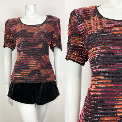 VTG 70s 80s BLACK ORANGE RED PURPLE SEQUIN STRIPED DISCO PARTY BLOUSE TOP 14