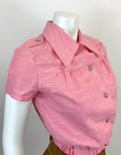 VINTAGE 60s 70s BABY PINK WHITE MOD DAGGER COLLAR CROPPED SHIRT TOP 8 10