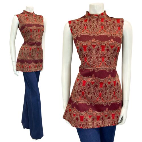 VTG 60S 70S RED GOLD BOHO PAISLEY SLEEVELESS PARTY TUNIC TOP  10 12