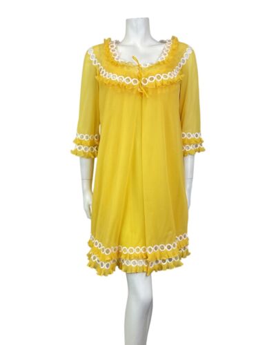 VTG 60s SUNSHINE YELLOW WHITE SHEER RUFFLED NIGHTGOWN HOUSECOAT CHEMISE DRESS 14