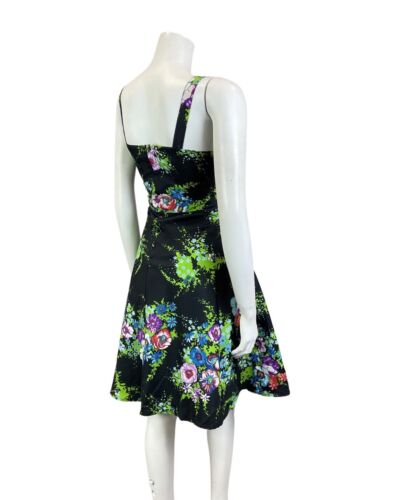 VINTAGE 60s 70s BLACK GREEN BLUE FLORAL BOUQUET CUT-OUT SUMMER SUN-DRESS 12