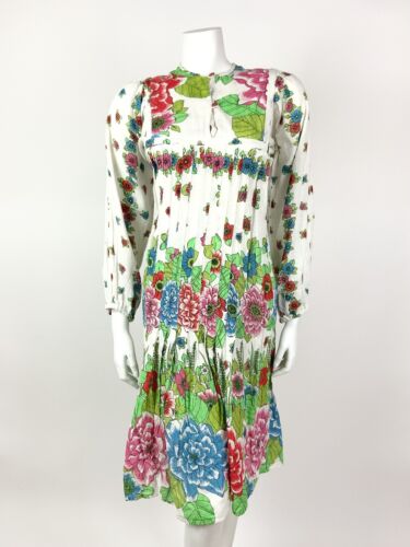 VTG 60s 70s WHITE PINK BLUE RED FLORAL EMPIRE LINE BOHO FOLK COTTON DRESS 8