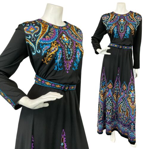 VTG 70S BLACK BLUE PURPLE BELTED PSYCHDELIC HIPPY MANDALA MAXI DRESS 16 18 L