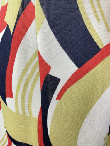 VINTAGE 70s WHITE BLUE RED CREAM GEOMETRIC ABSTRACT MOD FITTED DRESS 10 12