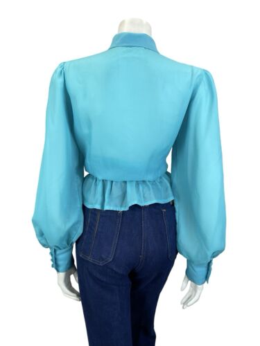 VTG 70S BRIGHT BLUE DAGGER COLLAR BISHOP SLEEVE ELASTICATED WAIST SHIRT S 8 10