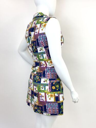 VTG 60s 70s WHITE BLUE PURPLE PATCHWORK FLORAL FOLK MOD DAGGER SHIRT DRESS 18 20