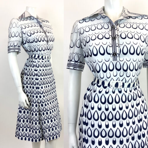 VTG 60s 70s WHITE NAVY BLUE TEARDROP MOD BELTED DAGGER COLLAR SHIRT DRESS 8 10