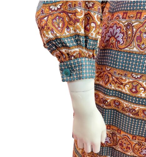 VINTAGE 60s 70s BLUE ORANGE PURPLE PSYCHEDELIC ACANTHUS PUSSYBOW SHIRT DRESS 12