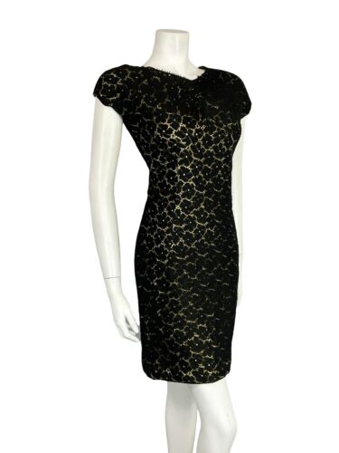 VTG 60S BLACK LACE GOLD V BOAT NECK SHORT SLEEVE PARTY SHIFT LBD  MINI DRESS 8