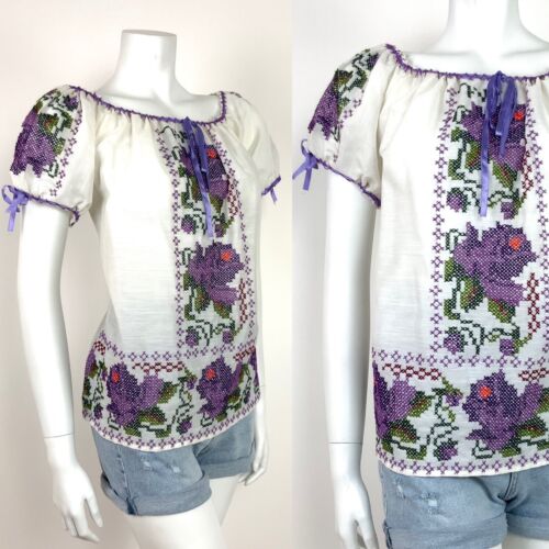 VTG 60s 70s WHITE PURPLE GREEN EMBROIDERED FLORAL BLOUSE FOLK ETHNIC 10 12 14 16