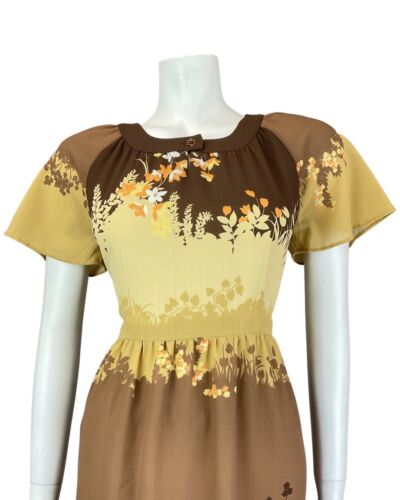 VINTAGE 70s 90s BROWN CREAM ORANGE AUTUMN LEAFY FLORAL FITTED DRESS 8