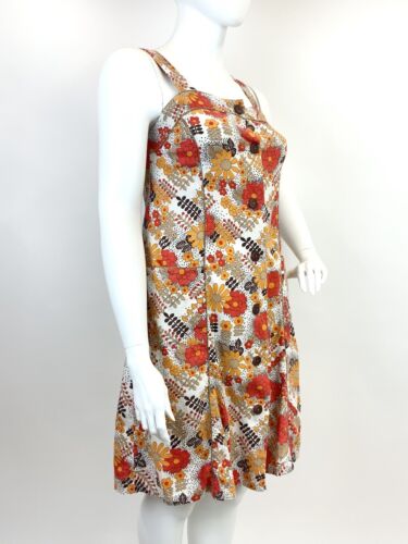 VTG 60s 70s WHITE ORANGE BROWN FLORAL DOTTY PSYCHEDELIC PINAFORE APRON DRESS 14