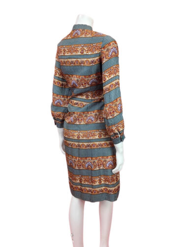 VINTAGE 60s 70s BLUE ORANGE PURPLE PSYCHEDELIC ACANTHUS PUSSYBOW SHIRT DRESS 12