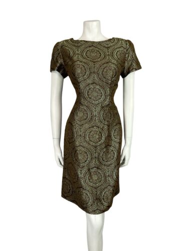 VTG 60S GREEN COPPER BROWN IRIDESCENT BROCADE PLUNGING BACK PARTY MINI DRESS 10