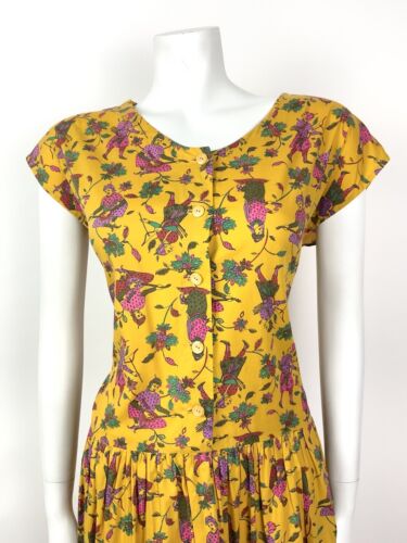 VTG 60s 70s YELLOW PINK GREEN FLORAL FIGURE ETHNIC PSYCH SUMMER DRESS 16 18