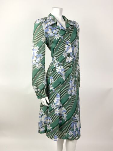 VINTAGE 60s 70s GREEN CREAM BLUE STRIPED FLORAL DAGGER COLLAR SHIRT DRESS 12