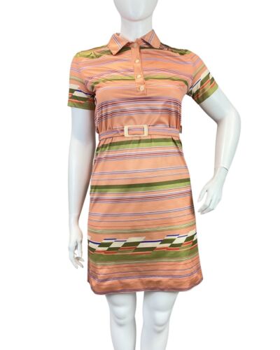 VINTAGE 60s 70s ORANGE GREEN RED STRIPED BELTED MOD SHIRT DRESS 14 16