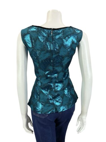 VTG 60S SHIMMERY BLUE ABSTRACT BLACK VELVET TRIM SWEETHEART NECK PARTY TOP 10