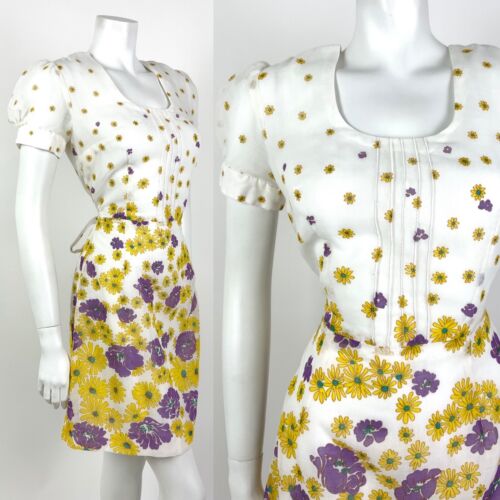 VINTAGE 60s 70s WHITE YELLOW PURPLE FLORAL DAISY SHEER PUFF SLEEVE MOD DRESS 10