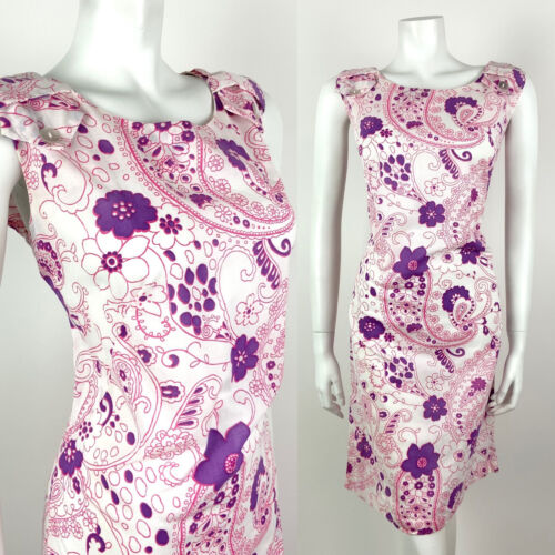 VTG 60s 70s WHITE PINK PURPLE FLORAL PAISLEY PSYCHEDELIC MOD SHIFT DRESS 14 16