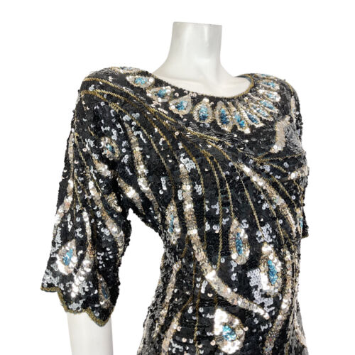 VTG 70s 80s BLACK SILVER BLUE PEACOCK FEATHER SEQUIN DISCO STUDIO 54 TOP 12 14