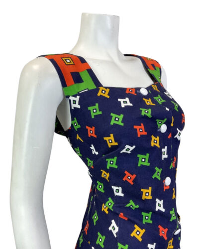 VINTAGE 60s 70s BLUE RED GREEN GEOMETRIC MOD SLEEVELESS DRESS 14