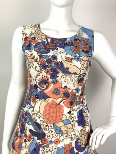 VTG 60s 70s WHITE PURPLE BLUE ORANGE FLORAL PSYCHEDELIC SUMMER DRESS 16 18