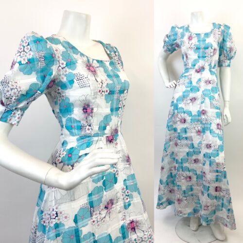 VTG 60s 70s WHITE BLUE PINK FLORAL PUFF SLEEVE PSYCHEDELIC MOD MAXI DRESS 8