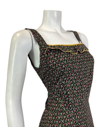 VINTAGE 70s BLACK WHITE PINK DITSY FLOWER PRAIRIE BOHO SUMMER SUN-DRESS 10