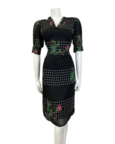 VINTAGE 60s 70s BLACK WHITE PINK FLORAL POLKA-DOT SHEER SUMMER DRESS 12