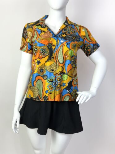 VTG 60s 70s YELLOW BLUE ORANGE PSYCHEDELIC FLORAL PAISLEY DAGGER SHIRT BLOUSE 16