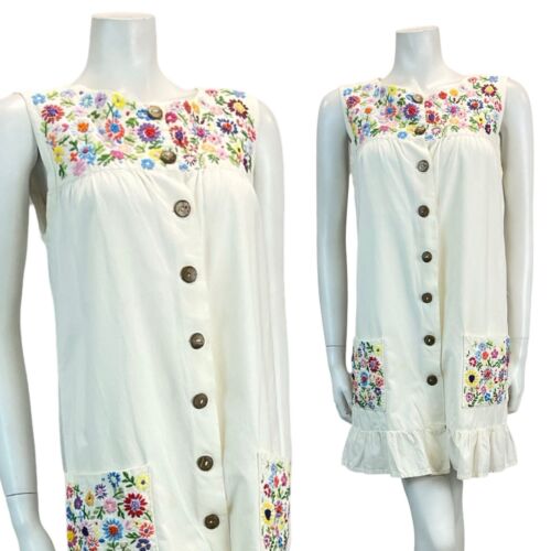 VTG 70S EMBROIDERED FLORAL SMOCK MINI DRESS 10 12