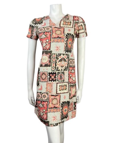 VINTAGE 60s 70s GREY BLACK RED PATCHWORK PSYCHEDELIC PAISLEY FLORAL MOD DRESS 10