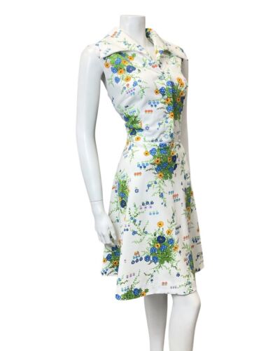 VINTAGE 60s 70s WHITE GREEN BLUE FLORAL BOUQUET SLEEVELESS SWING DRESS 16 18