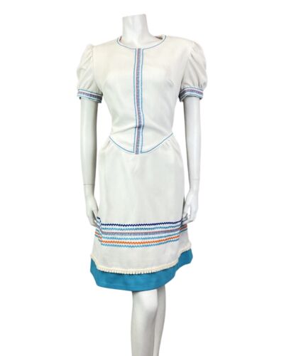 VTG 60s 70s WHITE BLUE ORANGE RIC-RAC EMBROIDERED MOD PUFF SLEEVE DRESS 12 14