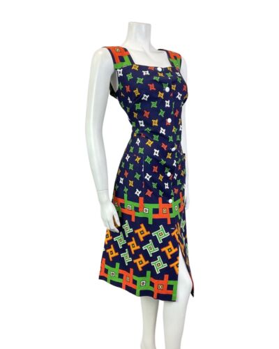 VINTAGE 60s 70s BLUE RED GREEN GEOMETRIC MOD SLEEVELESS DRESS 14