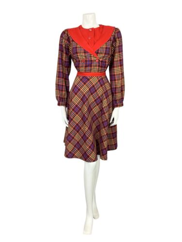 VTG 60S 70S RED BLUE YELLOW TARTAN GRIDDED TAILORED SHIRT DRESS WITH BELT 10 12